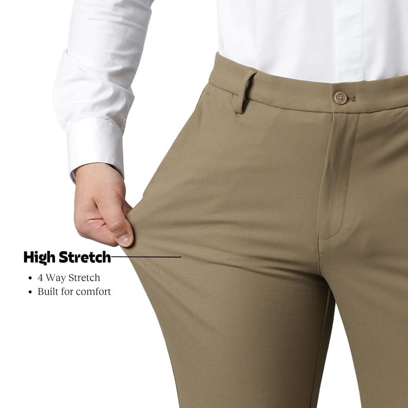 Image of SUBTRACT Men 4 Way Stretch Wrinkle Free Slim Fit Formal Trouser in with 2 Inch Flexible Waistband | Men's Trousers for Office Or Party
