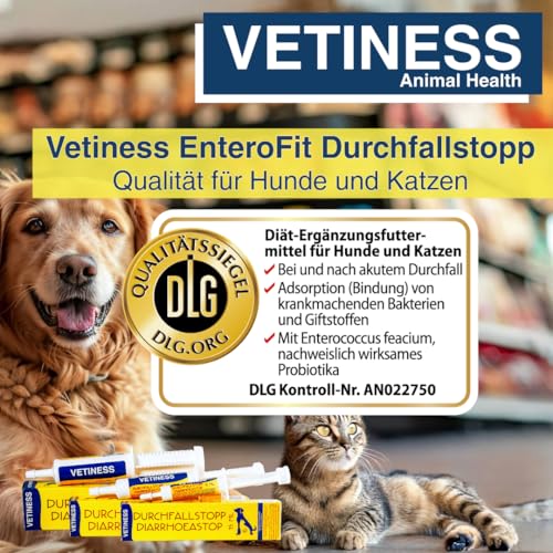vetiness EnteroFit Durchfallstopp Paste für Hunde 60 ml – bei akutem Durchfall Hund und Darmstörungen – Diätergänzungsfuttermittel mit Aktivkohle, Bentonit und Probiotikum - Magen Darmflora Hund
