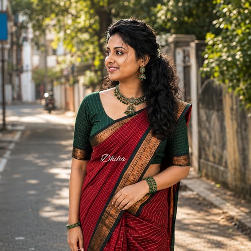 Image of Gadwal Cotton Silk Checked Saree for Women | Pure Kalyani Cotton Checked Saree with Zari Border Tassels & Blouse | Kanjivaram Linen Silk | Handloom Weave