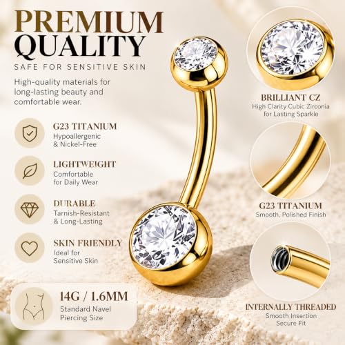 JESMODA 1PC G23 Titanium Belly Button Rings 14G 1.6MM Gold Round Cubic Zirconia Belly Rings 12MM of Length to Choose Navel Barbell Belly Piercing Jewelry for Women Men by JESMODA - Used condition - Image 5