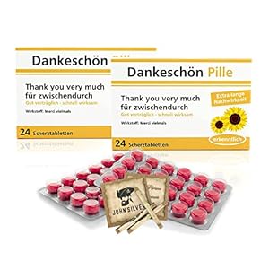 Grappige pillen DANKESCHUNN Pil 2-delige set, als verjaardagscadeau. plezier, anti-stress, goed humeur, vrijgezellenfeest man en vrouw. met John Silver® orak spreuken