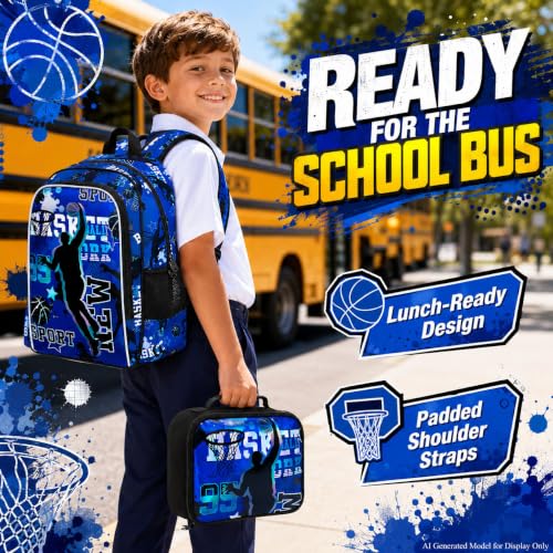 Image of AGSDON 3PCS Boys Backpack, 17 inch Basketball Kids Bookbag with Lunch Box, Backpacks with Water Resistant and Lightweight for Teenagers