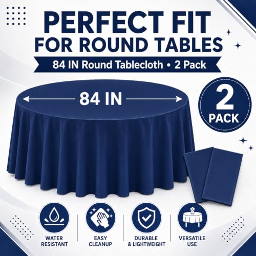 Image of WNINK 2 Pack Navy Blue Round Tablecloth, 84 Inch Disposable Plastic Table Covers, Navy Blue Round Table Cover for Birthday Parties, Holiday, Picnic, BBQ, Family Gathering Party Supplies