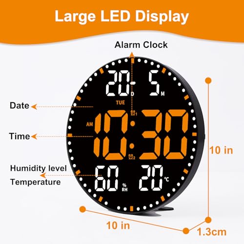 10inch Digital Wall Clock with LED Display, Digital Round Wall Calendar with Remote,Timer, Dimming,Temperature, Silent Modern Electric Wall Clocks for Bedroom, Living Room (Orange) - Image 3