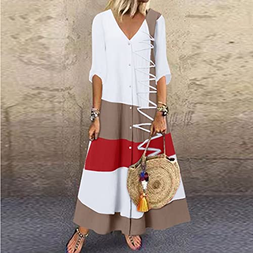 AxiBa Vestido midi feminino casual color block emenda manga curta solto festa vestido longo verão bo