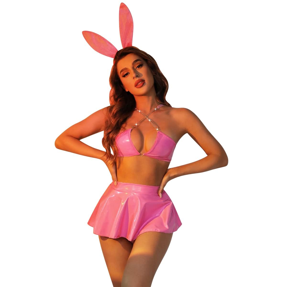 Women's Sexy Bunny Cosplay Halloween Costume, Shiny Metallic Lingerie Set Bra Mini Skirt Thong Headband Set, Ladies Bunny Rave Outfits Wetlook Festival Clubwear