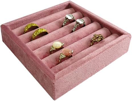 Small Ring Display Tray for Drawer, 5 Slots Earring Organizer | Jewelry Box Inserts, Stackable Compact, Velvet Earrings Rings Holder for Vanity Travel, Gift for Women Girl, Pink