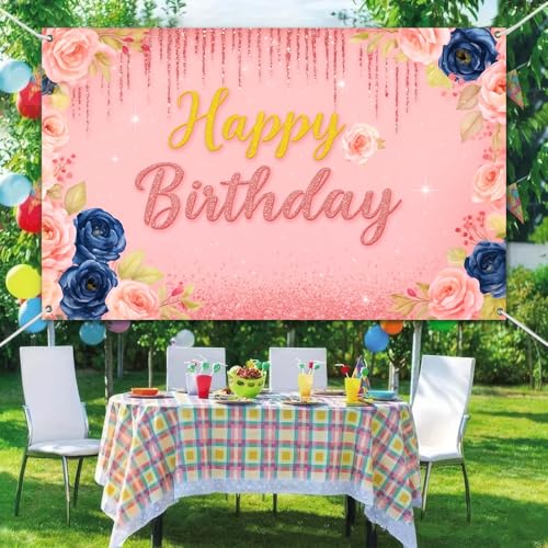 Image of HOMETITUTE Vintage Pink Floral Birthday Banner 71x43 Inch