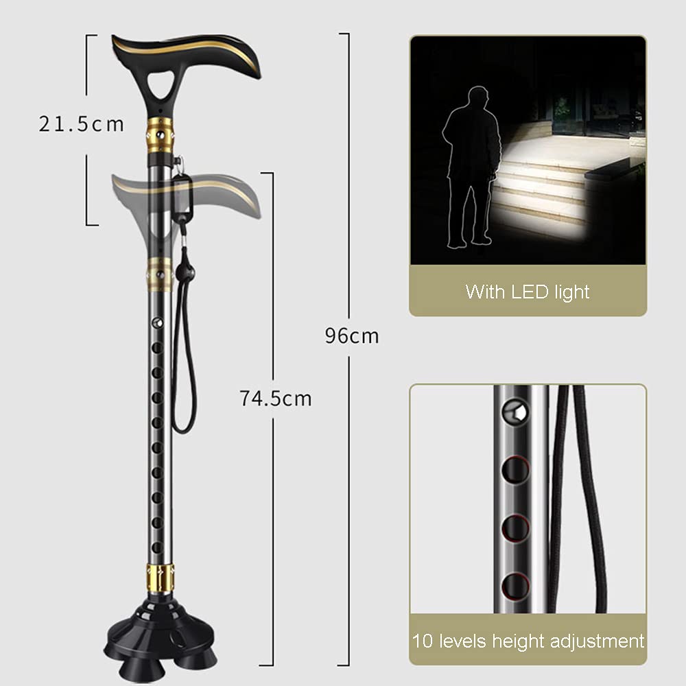 Bastón con luz LED Mango ergonómico Bastón para Hombres y Mujeres Alarma Inteligente Bastones de Ajuste de Altura