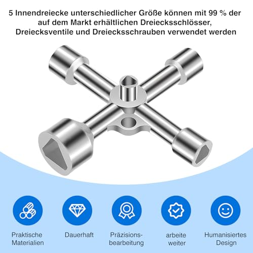 VZU 7/10/12/13/18mm Dreieck Schlüssel, 4 Wege 5 Size Dreikantschlüssel Set, Kreuzschlüssel für Dreieck Schrauben, Dreieck Ventile, Dreieck-Schlösser, für Elektrogehäuse, Müllcontainer, Straßenlaternen