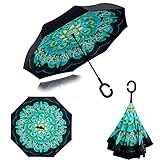 Double Layer Wind Proof,UV Proof Reverse Folding Inverted Umbrella Travel Umbrella with C Shape Handle and Carrying Bag-Peacock
