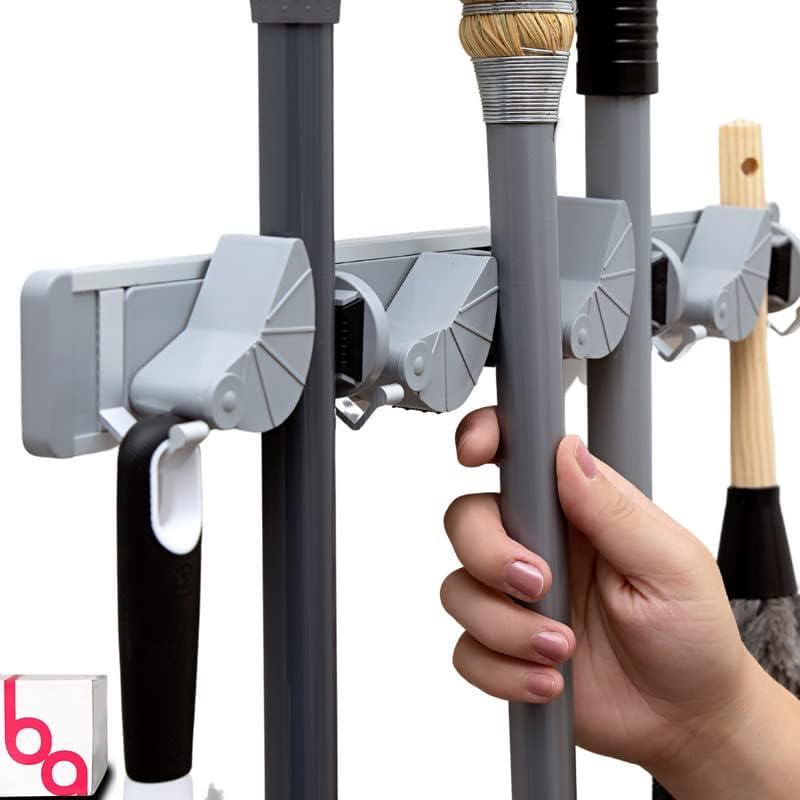 Berry Ave Broom Holder & Wall Mount Garden Tool Organizer- Kitchen, Garage & Laundry Room Storage With 4 Slots And 4 Hooks- Wall Holder For Broom, Rake & Mop Handles Up To 1.25”