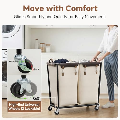 Image of StorageWorks 2 Section Laundry Hamper with Wheels, 280L Beige Sorter Cart