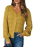 Dokotoo Cardigan Sweaters for Women 2025 Fashion Long Sleeve Crochet Knit V-Neck Open Front Cardigan Lightweight Yellow Button Down Tops Small