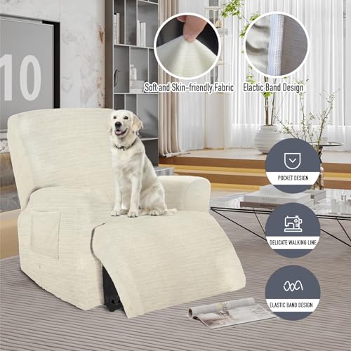 Recliner Covers, Stretch Reclining Chair Covers, Recliner Sofa Slipcovers Stripe Jacquard Recliner Couch Covers Furniture Protector Covers for Pet Kid Good Choice for All Seasons (Beige) - Image 3