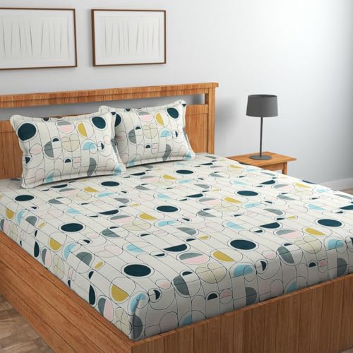Image of Jashan Super Soft Glace Cotton Fabric 300 TC All Around Elastic Fitted Elegent Design King Size Double Bed Bedsheet with 2 Pillow Covers Fits Upto Mattress of 10 Inche,Size-72 x 78 x 10 Inche-Multi