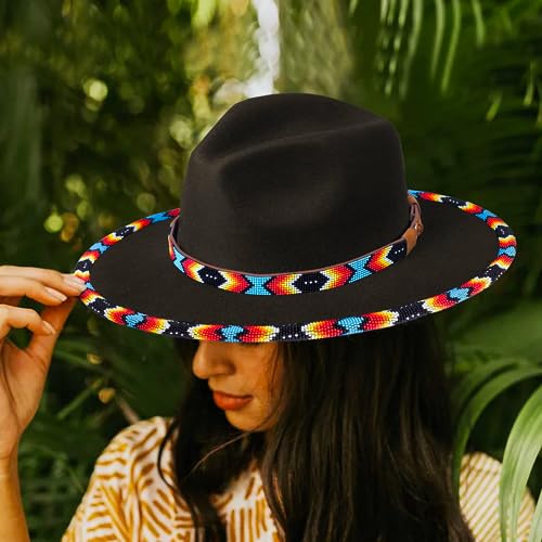 Native American Handmade Fedora Hats with Hatband Beaded Brim from Beads Boho Native Beaded Hat for Men Woman Style Black Dusk Pattern - Image 2
