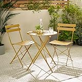Furniturebox UK Outdoor Furniture, Cabo 2 Seat Mustard Yellow Metal Garden Bistro Set, Round Table & 2 Folding Chairs, Weather Resistant, For Small Garden, Patio Decks or Balcony