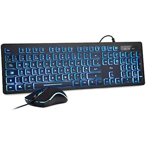 Rii Wired keyboard and mouse, RK105 USB Keyboard and Mouse with Backlit(White Green Blue) for Office Home Business-Full Size Standard UK Layout Cover