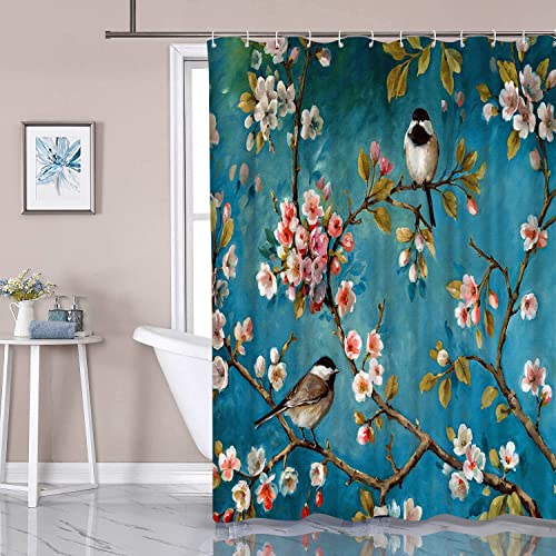 Artbones 72"X72" Green Shower Curtain Birds On Tree Branches Spring Summer Landscape Bath Curtain, Polyester Fabric, Machine Washable #TOP3