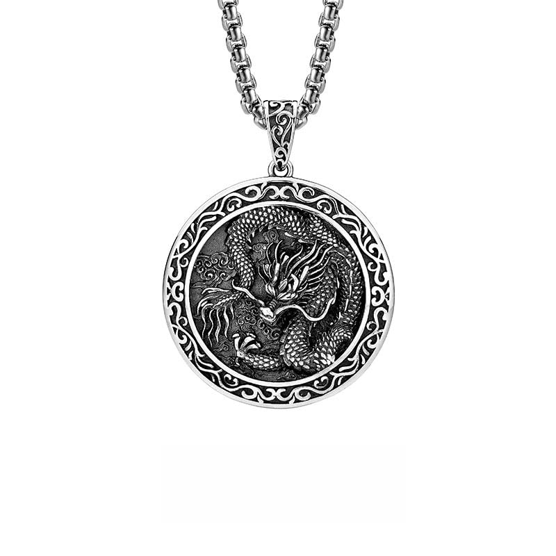 Pendentif dragon argent massif médaille relief bijou de niche zodiaque homme