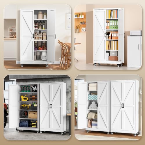Image of 75 inchWhite Metal Pantry Cabinets for Kitchen Storage Garage Storage Cabinet
