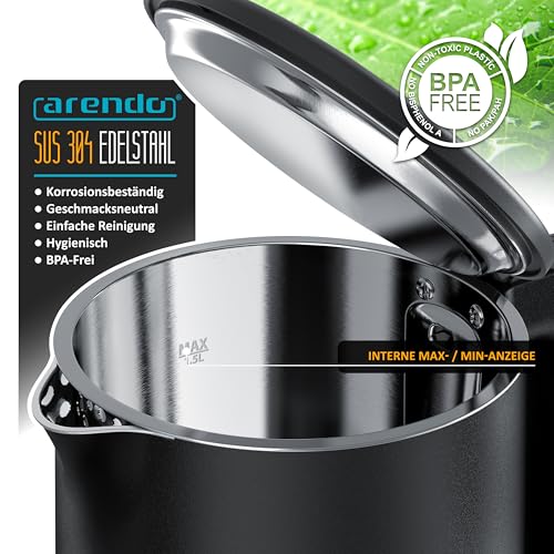 Arendo - Wasserkocher Edelstahl – 1,5 Liter - 2200 Watt – Doppelwand-Design – 360° Controller – BPA-frei – Überhitzungs- und Trockengehschutz - schwarz matt