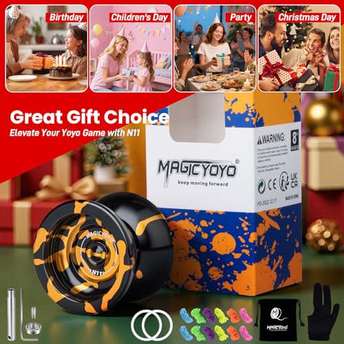 MAGICYOYO N11 Metal Professional Yoyo for Adults, Dual Purpose Unresponsive Yo yo for Stringk Trick, Responsive Yoyo for Kids 8-12 with 12 Yo-yo Strings, Responsive Bearing Kit (Black Golden)