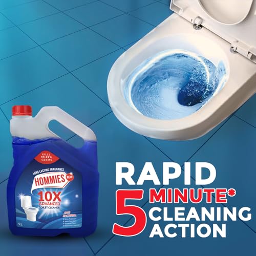 Image of Hommies Advanced Toilet Cleaner Liquid, 5 Litre | 10X Power Stain Remover | Kills 99.9% Germs in 5 Minutes | Rapid Action Formula for Tough Yellow Stains & Limescale | Economy Bulk Refill Pack