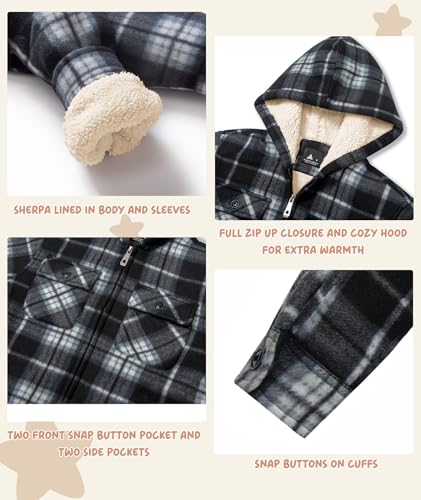 Image of V VALANCH Boys Flannel Jacket Hooded Fleece Lined Zip-up Hoodies Plaid Coat for Kids