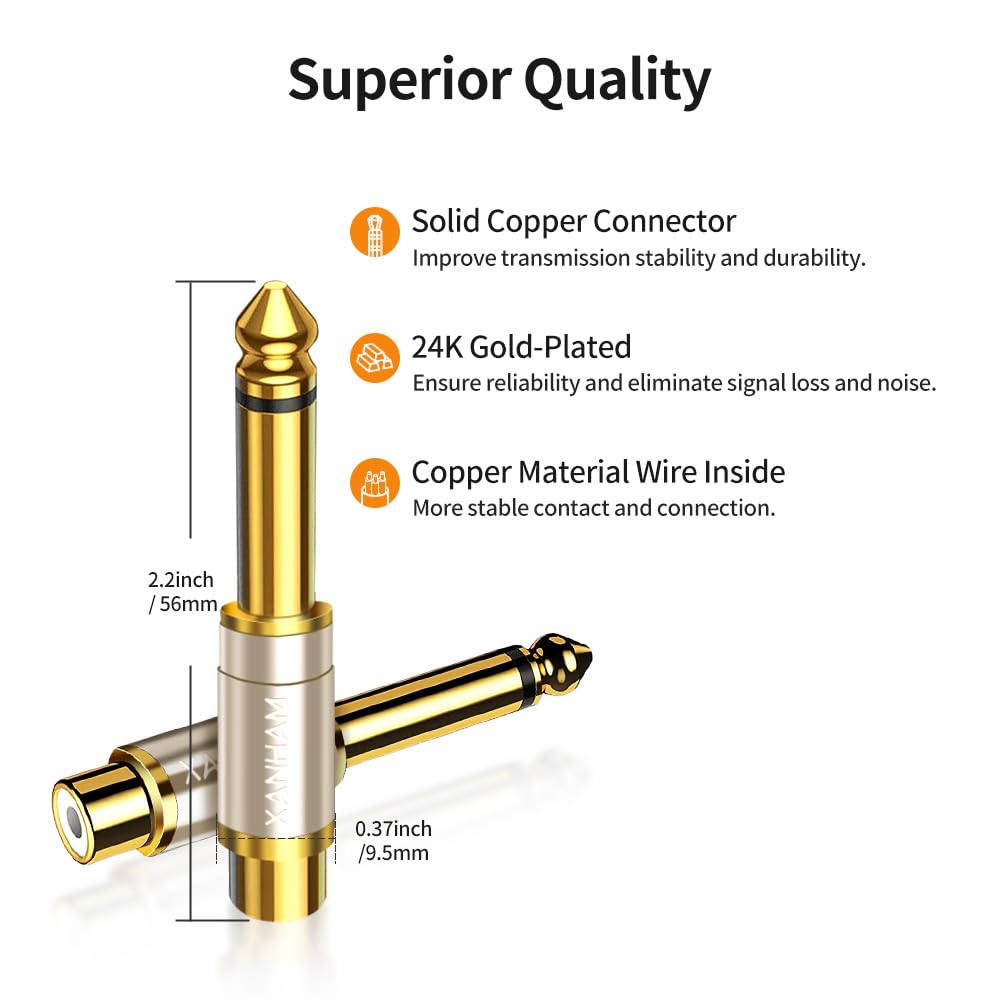 RCA hembra a 1/4 pulgadas 6.35 mm TS macho mono adaptador de cobre sólido chapado en oro, paquete de 2