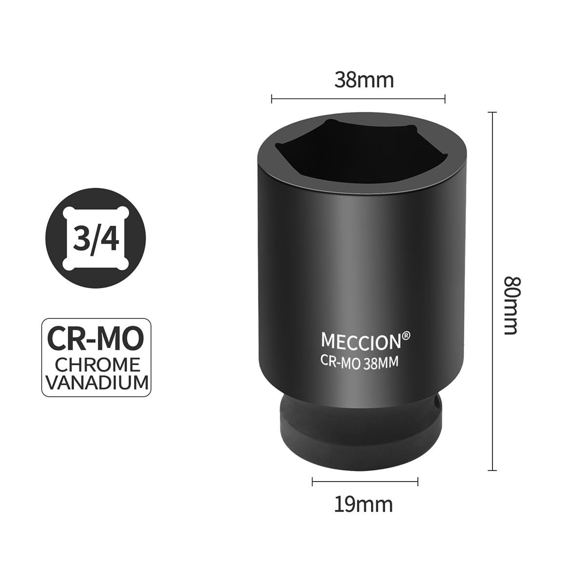 Meccion Llave de Vaso de Impacto 38mm de Entrada 3/4", Trabajos Pesados Cr-Mo Vaso Hexagonal, 63 mm de Longitud