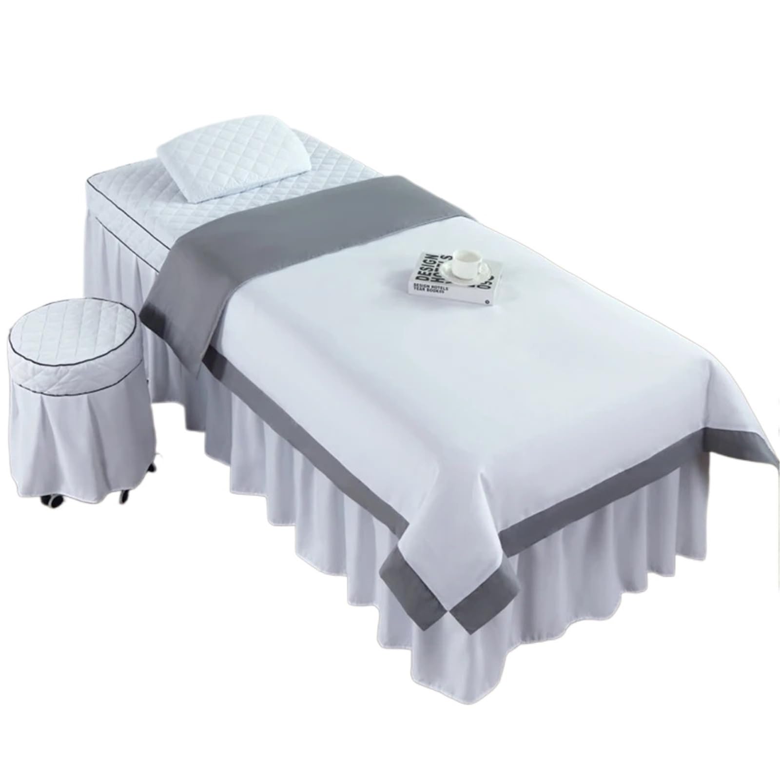 Beauty Salon Bed Cover Sets 4pcs Massage Spa Bed Cover Bedspread Pillowcase Stool Club Salon Sets(White,180x70)
