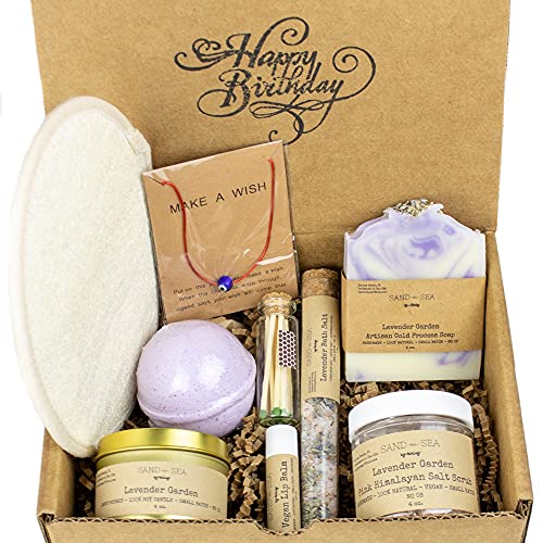 Birthday Gift Baskets for Women - Handmade Lavender Spa Gift Set - Natural Relaxing Spa Self Care Package for Women 9 pc - Soap, Soy Candle, Himalayan Salt Scrub, Bath Bomb, Bath Salt, Vegan Lip Balm Birthday Gift Baskets for Women - Handmade Lavender Spa Gift Set - Natural Relaxing Spa Self Care Package for Women 9 pc - Soap, Soy Candle, Himalayan Salt Scrub, Bath Bomb, Bath Salt, Vegan Lip Balm