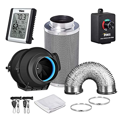 iPower 4 Inch 150 CFM Inline Fan Filter Kit with 8 ft Ducting, Speed Controller, Temperature & Humidity Monitor, and Rope Ratchet