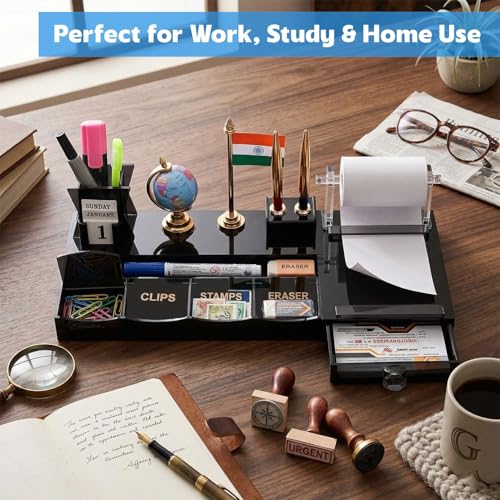 Image of panku 9 Compartment Acrylic Pen Stand For Office Study Table Multipurpose With Drawer Desk Organizer Smoke Black Color Pack of 1 (With Special Desk Organiser's accessory)