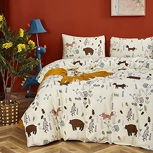 KAREVER Yellow Bear Bedding Set Twin Kids Cotton Duvet Cover Set Cartoon Bear Fox Rabbit Forest Pattern Printed on Cream Comforter Cover Set for Toddler Boys Girls