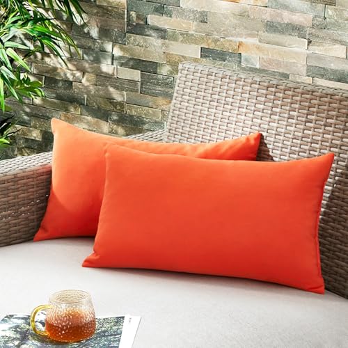 puredown® Outdoor Water Resistant Throw Pillows, Feathers and Down Filled Decorative Pillows for Couch Cushion Garden Bench 12 x 20 Inch, Set of 2, Orange