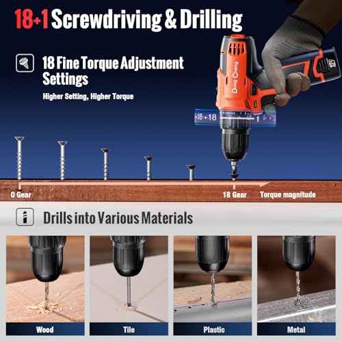 Image of DongCheng 12V Cordless Drill Machine for Home Use, 35Nm Max Torque, 150W Copper Motor, 1Pc 2000mAh Battery and Fast Charger, 2-Variable Speed (0-400 /0-1500 RPM), 18+1 Torque Setting