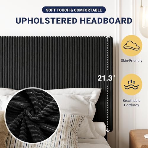 Image of Allewie Full Bed Frame, Adjustable Corduroy Headboard, Platform, Black | Adjustable Headboard, Corduroy Fabric, Low Profile, Wooden Slats, 800 lb Capacity, No Box Spring Needed