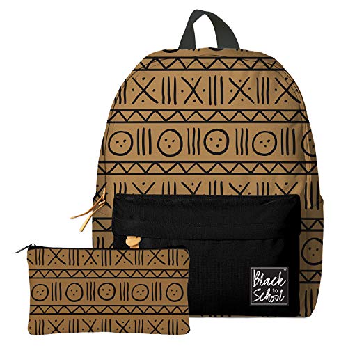 African American Expressions Backpack - Fits 15" Laptops and Tablets - 2 Pouch Lightweight Bookbag for Students, Travel, School, and Work - Brown Mudcloth