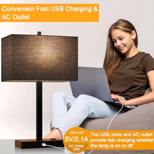Image of 21 inch Touch Bedside lamps with 2 USB & AC Outlets, 3-Way Dimmable Bedside Table Lamps Set of 2 for Bedroom Living Room Office Reading, Black Shade Lamps for Night Stands, 2700K LED Bulbs Included