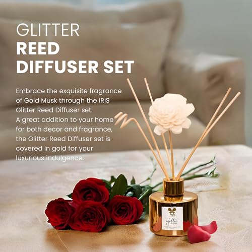Image of IRIS Glass Glitter Reed Diffuser Set | 100ml Gold Musk Fragrance Oil with 6 Reed Sticks | Elegant Home Aroma Diffuser for Living Room, Bedroom & Gifting | Sparkling Glass Design