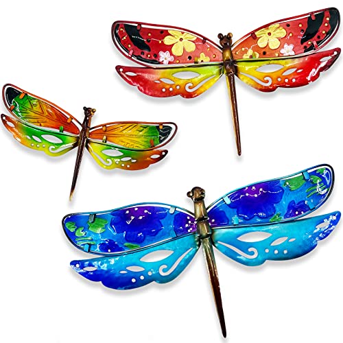 John's Studio Dragonfly Wall Decor Outdoor Metal Garden Hanging Art Glass Sculptures Home Insect Theme Decorations for Living Room, Bedroom Yard, Fence and Patio - 3 PCS