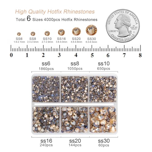 Image of BEADSLAND Hotfix Rhinestones, 4000 PCS Golden Rhinestones for Clothes Crafts Mixed 6 Sizes with Wax Pencil and Tweezers Kit, SS6-SS30, Golden Shadow