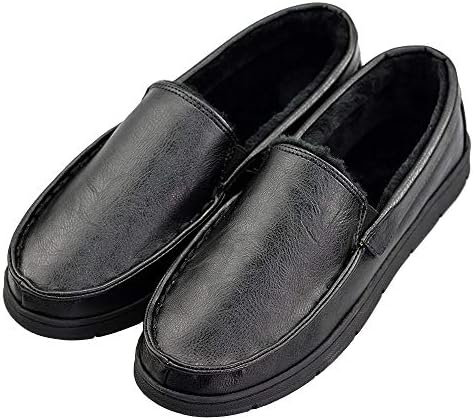 VLLY Mens Leather Slippers Size 8-9 Moccasin Casual Slip on Loafers Pile Lined Indoor Outdoor Shoes Black