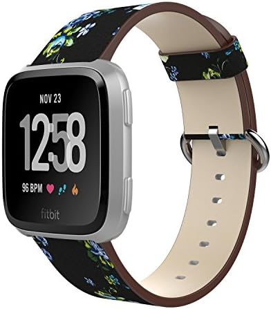 Amawell for Fitbit Versa Bands, Floral Printed Soft PU Leather Wristband Replacement Accessories Fitness Strap for Versa Women Men. (Black/Green Flower, 5.11"-7.87")