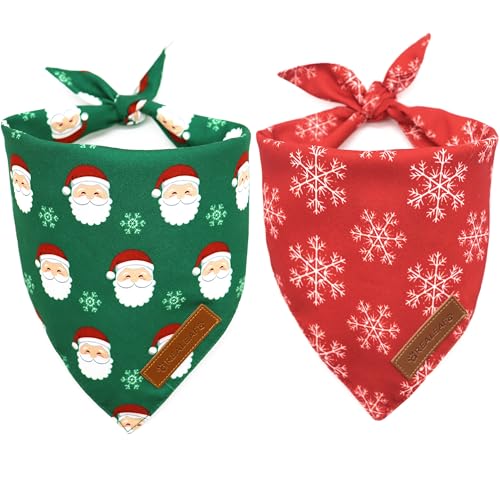 Realeaf Christmas Dog Bandanas 2 Pack, Snowflake and Santa Claus Dog Scarf for Boy and Girl, Premium Durable Fabric, Holiday Red and Green Bandana for Medium and Large Dogs Cats Pets (Large)