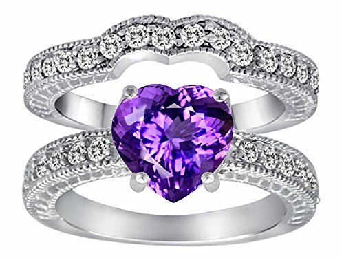Star K 8mm Heart Shape Simulated Amethyst Wedding Set Sterling Silver