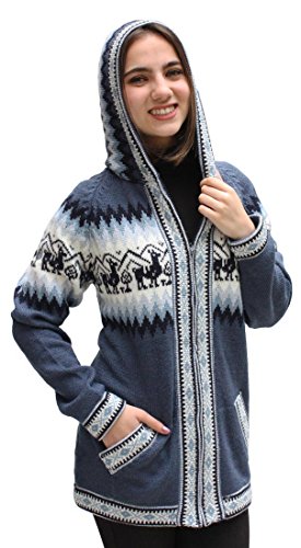 Little Llamas Hooded Alpaca Wool Knitted Jacket Hoodie Sweater (Large, Steel Blue)